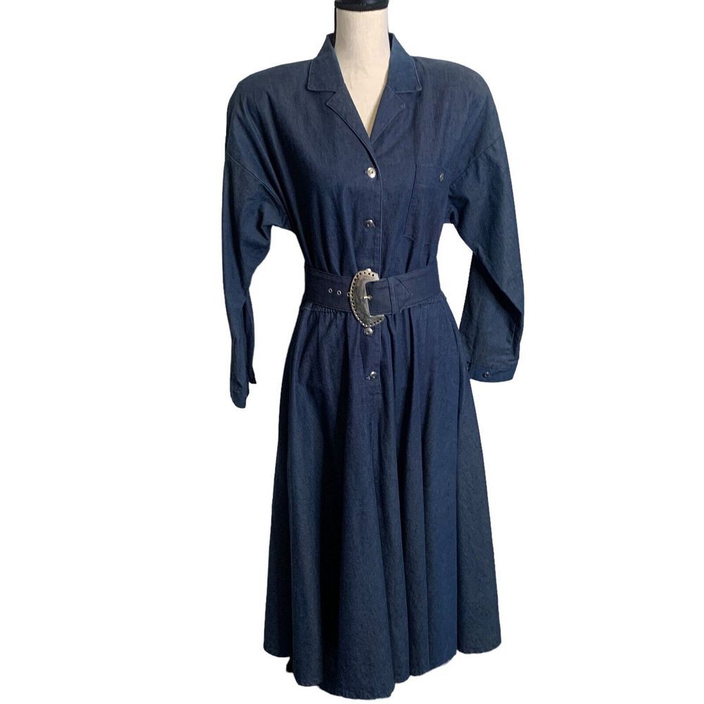 Megan Moore Dress Womens 10 Blue Denim Midi Shoulder Pads Belt Button Up LS VTG‎